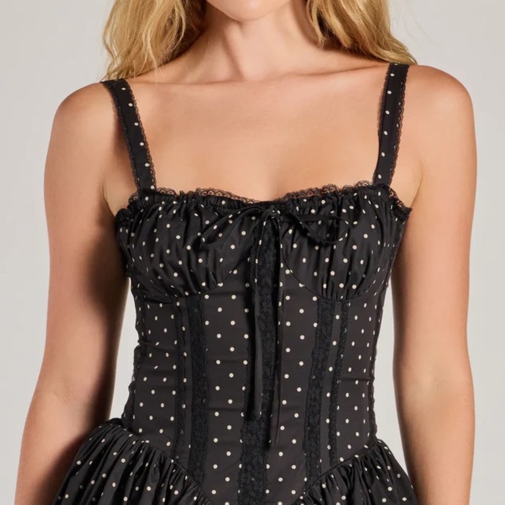 R+F Women Polka Dot Corset Mini Dress Lace Trim Fit Flare Sz M Black Coquette - Picture 4 of 15